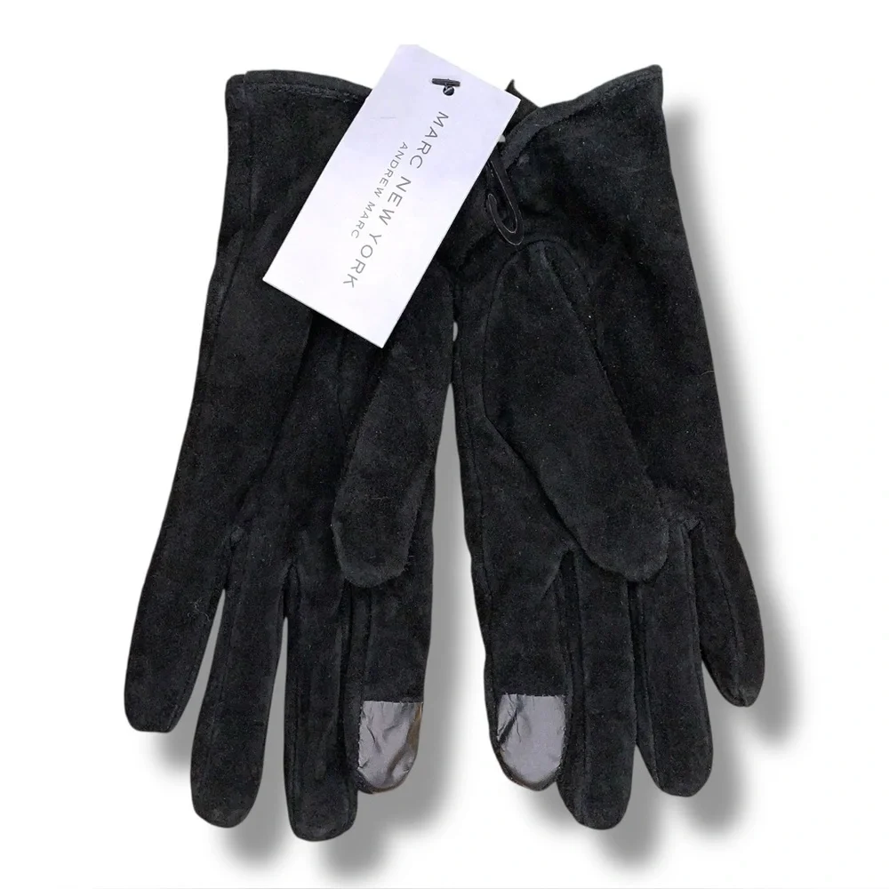 New Small Marc New York Black Leather Suede Gloves Womens Classic Luxury